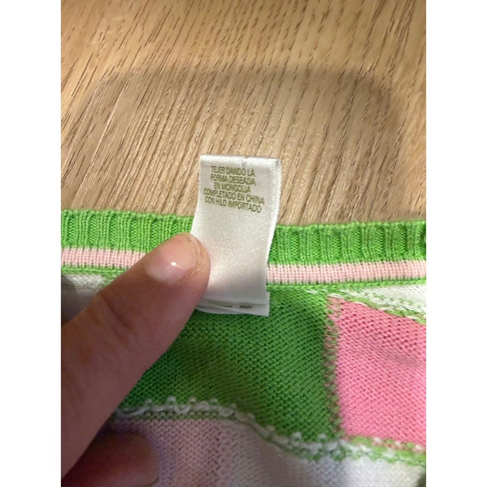 Lizgolf Liz Claiborne Vtg 80s PREPPY Pink Green Checker Knit Sweater Large RARE - Picture 4 of 7